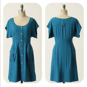Anthro’s Maeve Staysail Safari shirt dress in teal blue
